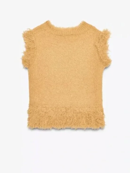 Zara Mustard Yellow Ruffle Trim Textured Fuzzy Knit Vest Top, Size Small - Picture 11 of 16